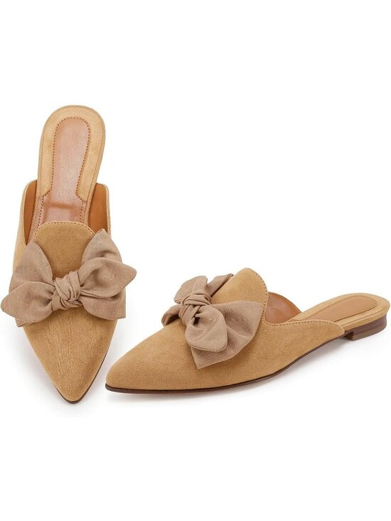 Shoes - Women's Khaki Suede Easy Slip On Closed Pointed Toe Loafers Flats Mules & Clogs